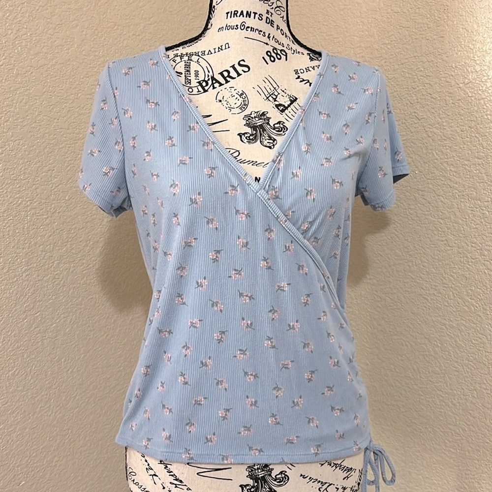 Love Wins Vintage Blue Floral Print Wrap Style Top